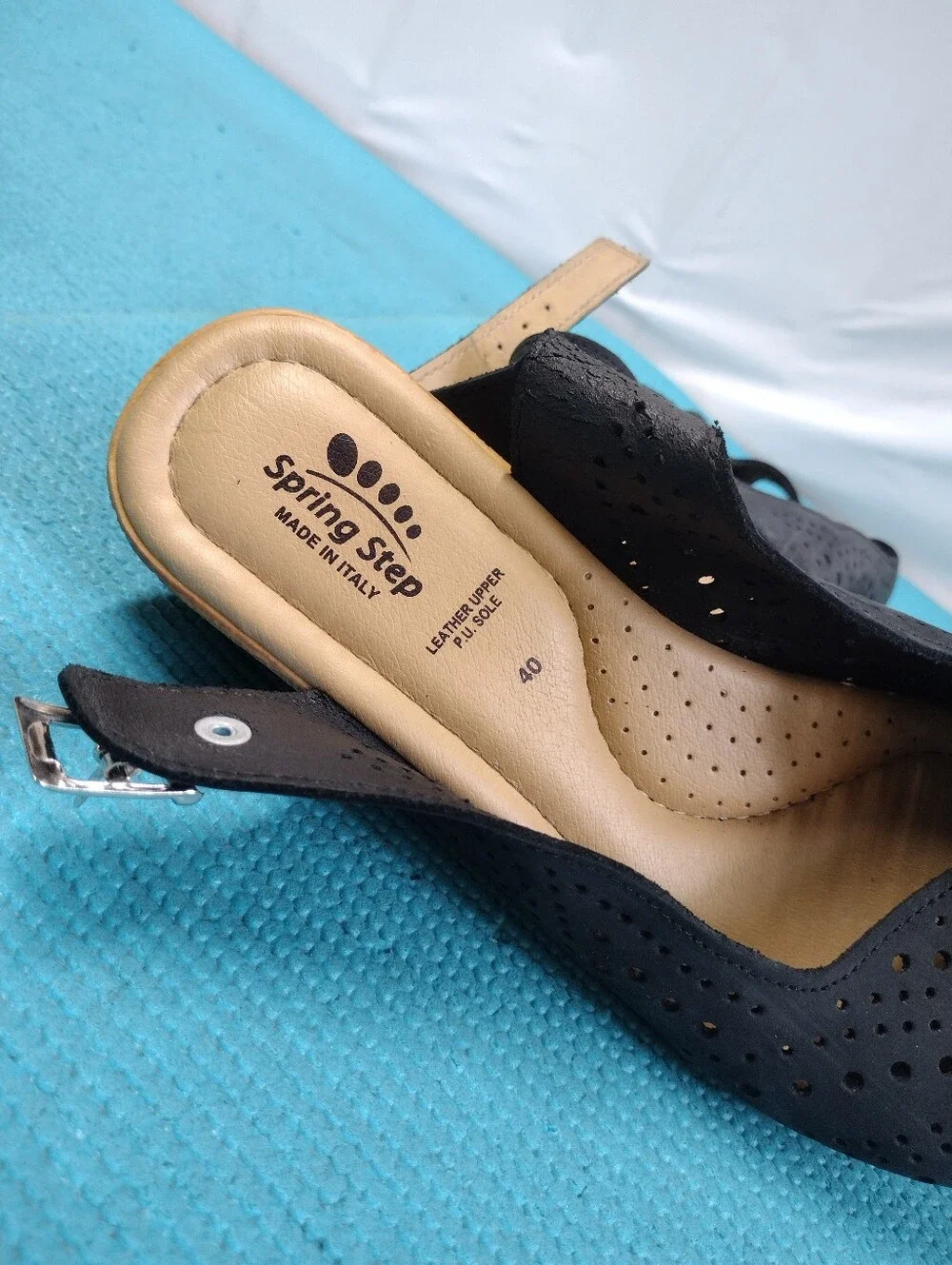Spring Step Wedge Black Perforated Slingback Sandals Peep Toe - 9
